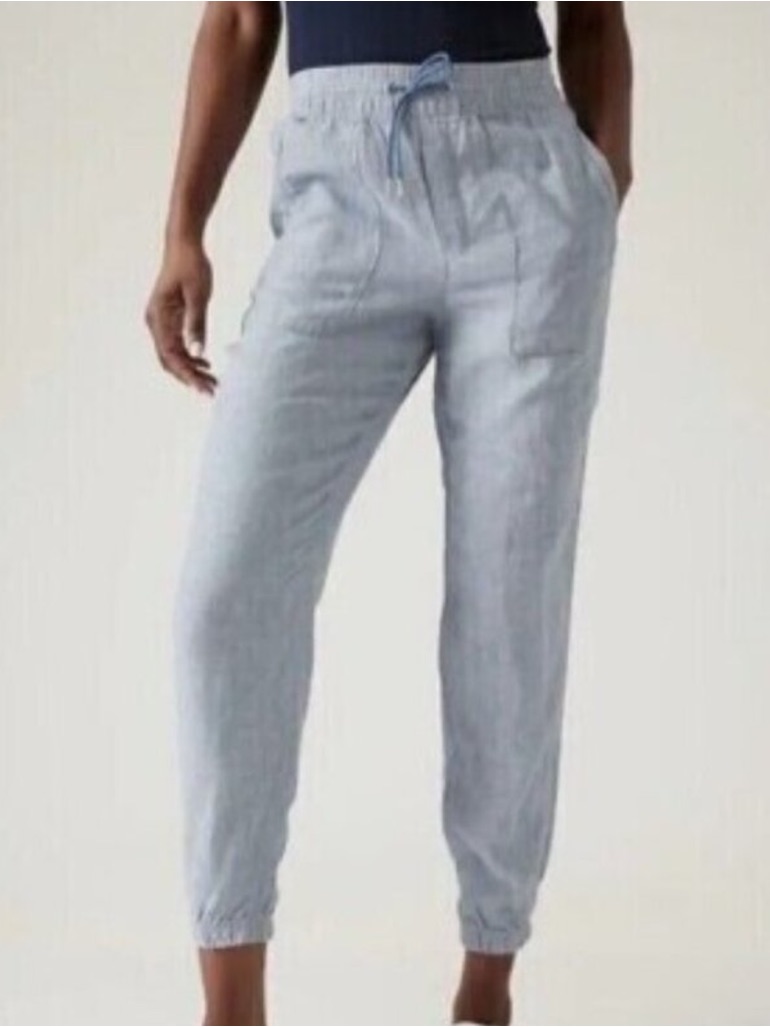 Athleta Women 6 Blue Chambray Coastal Zip Pocket Drawstring Retreat Linen Jogger